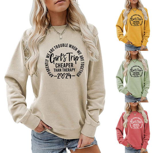 Women Casual Solid Color 2024 Letter Slogan Print Round Neck Long Sleeve Sweatshirt