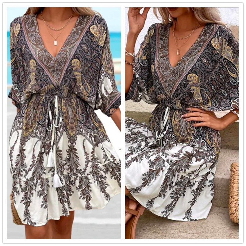 Western Summer Women Casual V-Neck Graphic Printing Dress