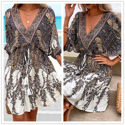 Western Summer Women Casual V-Neck Graphic Printing Dress