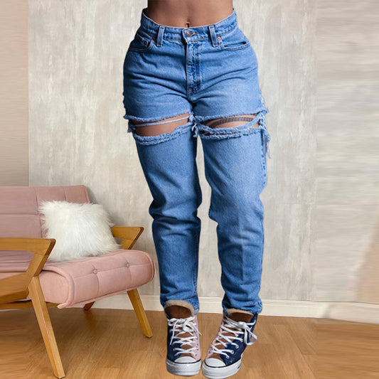 Vaqueros rotos de cintura alta holgados e informales para mujer