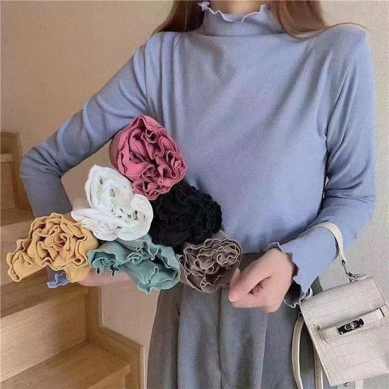 Camiseta básica informal de manga larga con cuello alto para mujer pequeña