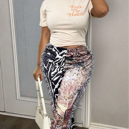 Pantalones casuales con borlas y estampado multicolor para mujer
