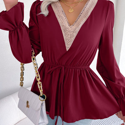 Blusa de gasa con volantes y cintura definida con cuello en V y cordones para oficina informal para mujer