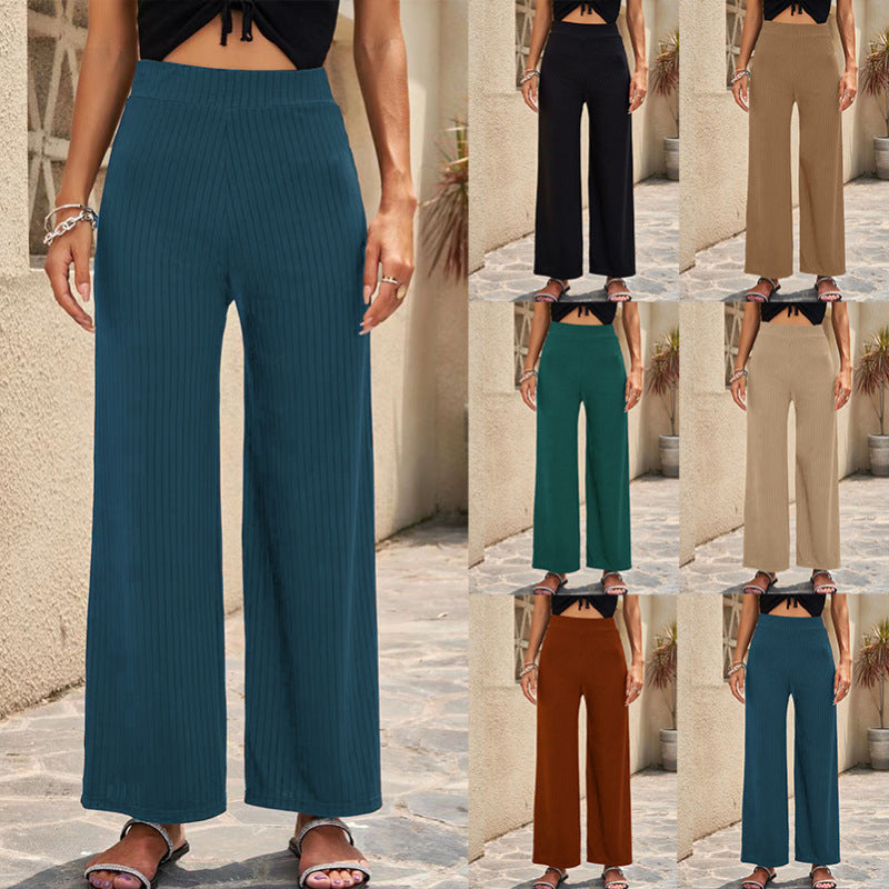 Pantalones anchos casuales elásticos de color liso para mujer