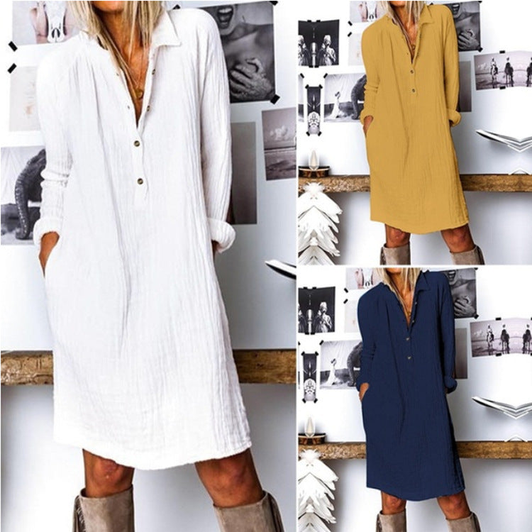 Women Solid Color Casual Basic Loose Long-Sleeved Shirt Dress
