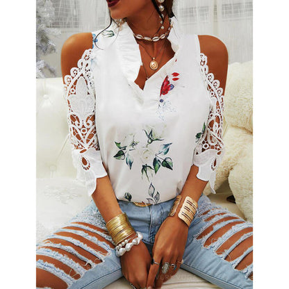 Blusa informal de verano para mujer, con estampado floral, hombros descubiertos, encaje y patchwork, de manga larga