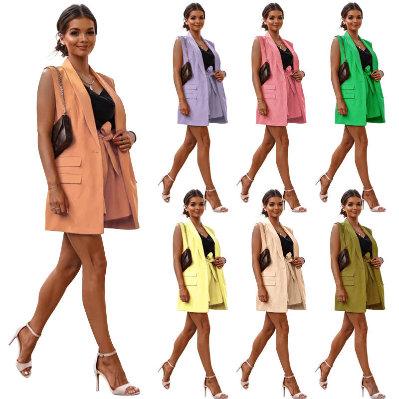 Conjunto de dos piezas formado por blazer, chaleco y pantalones cortos, informal, de verano, para mujer, color liso, sin mangas