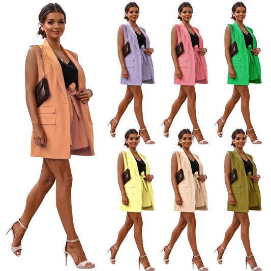 Summer Women Casual Solid Color Sleeveless Lapel Blazer Vest Shorts Two-Piece Set