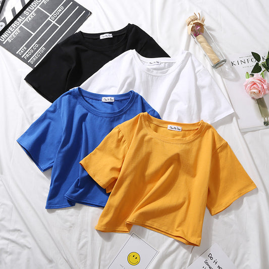 Camiseta básica de verano para mujer, de manga corta, color liso, con cuello redondo y cintura alta, informal, holgada