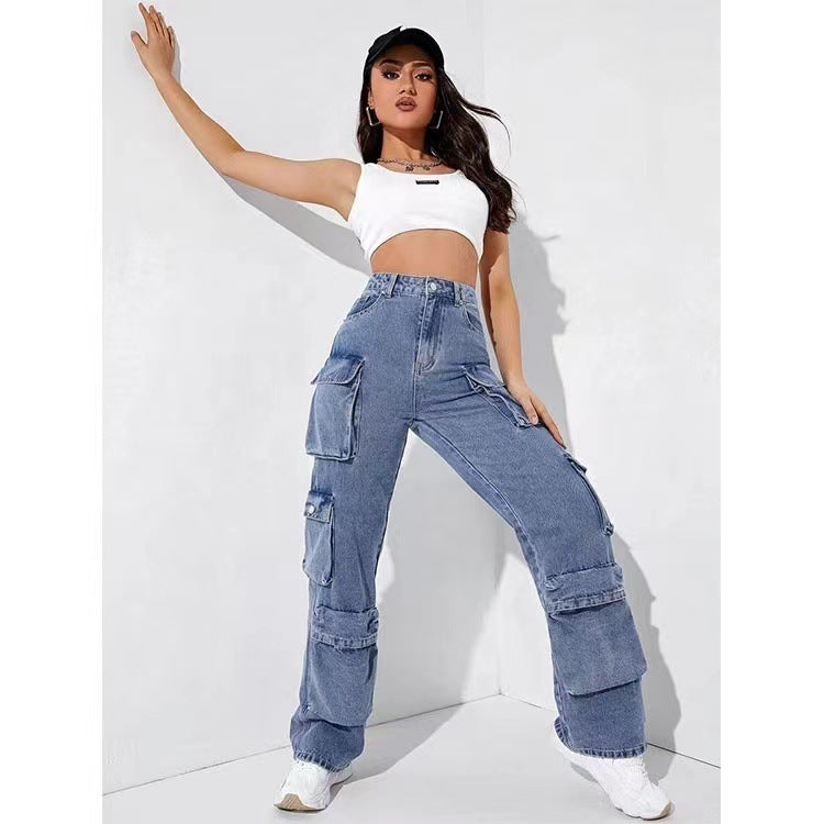 Pantalones vaqueros cargo casuales con múltiples bolsillos para mujer