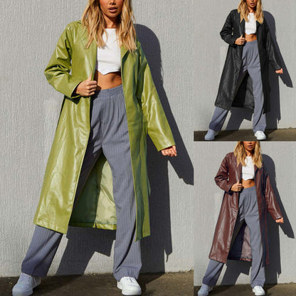 Chaqueta larga de cuero de color liso para mujer, gabardina informal
