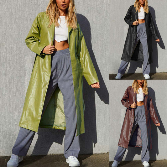 Chaqueta larga de cuero de color liso para mujer, gabardina informal
