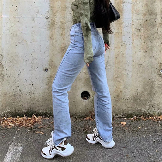Vaqueros de mezclilla con cintura definida y abertura frontal de color sólido a la moda para mujer