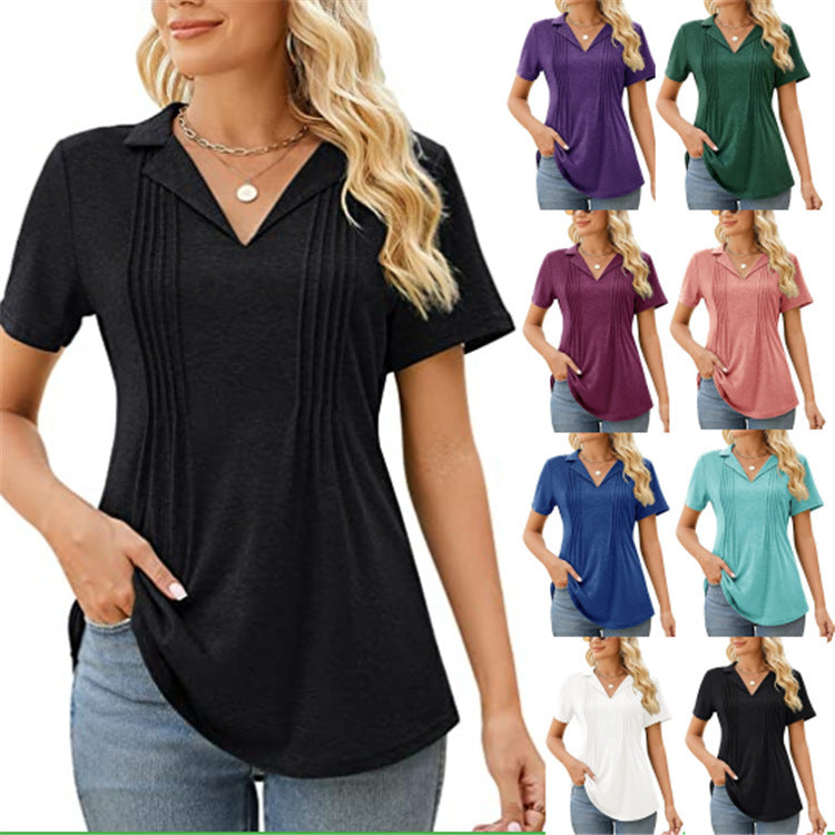 Camiseta informal de verano para mujer, con cuello en V y manga corta en blanco