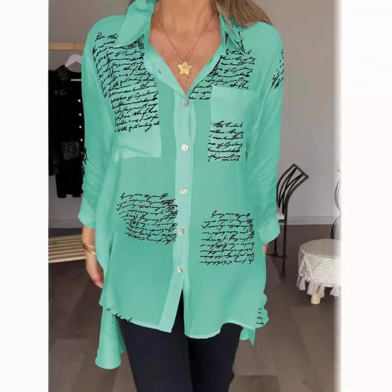 Blusa informal de manga larga con solapa y estampado de letras para mujer