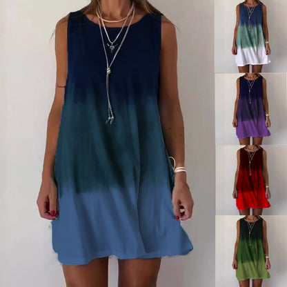 Women Casual Round Neck Gradient Print Loose Dress