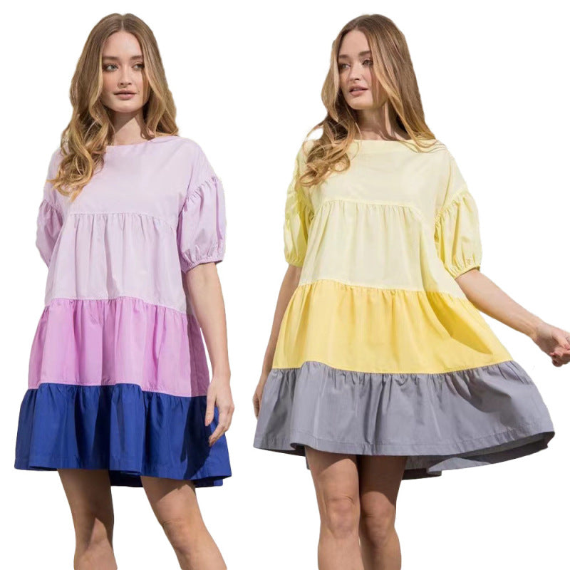 Women Fashion Casual Color Blocking Ruffled Short Sleeves Patchwork Dress