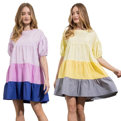 Women Fashion Casual Color Blocking Ruffled Short Sleeves Patchwork Dress
