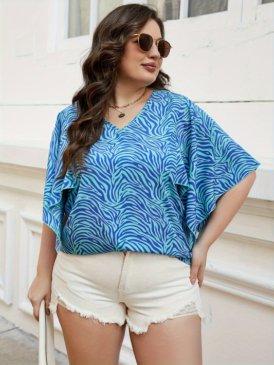 Camiseta informal de talla grande con estampado de ondas y cuello en V y mangas plisadas para mujer