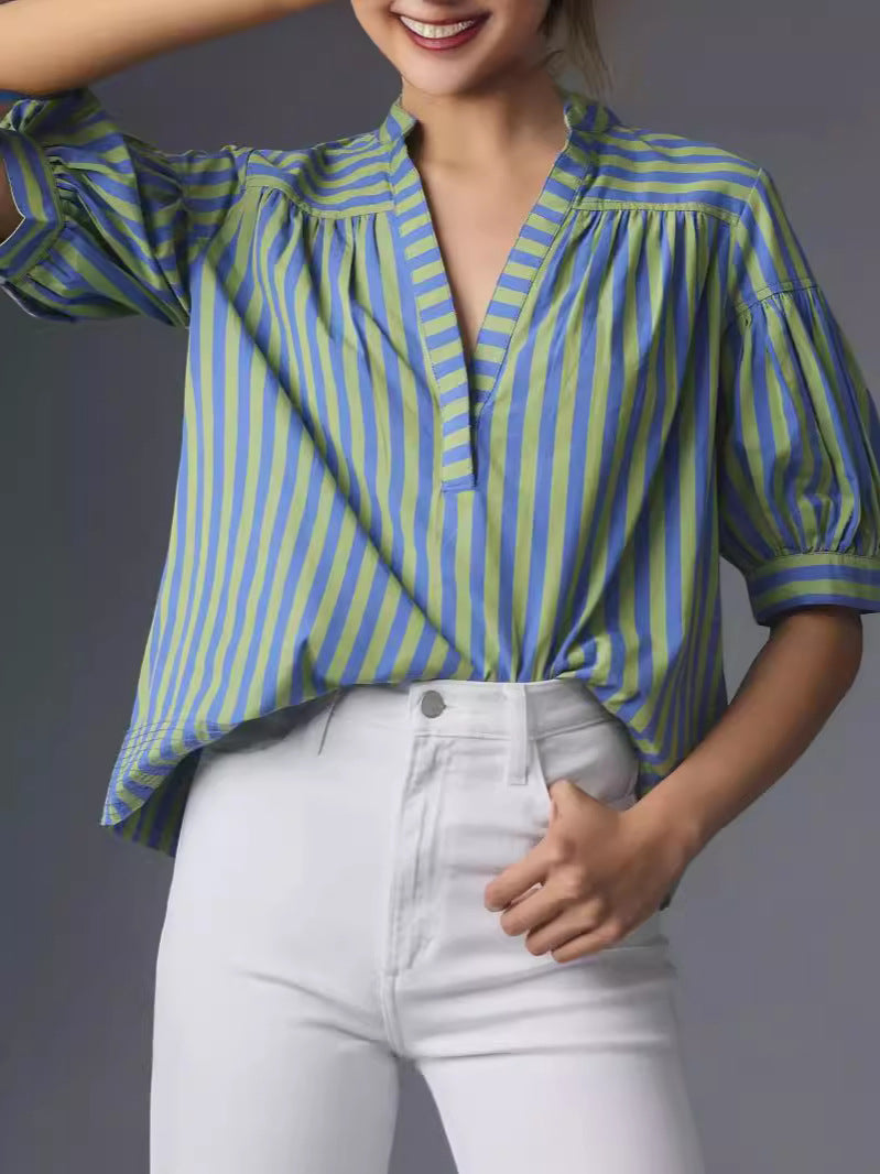 Blusa informal de manga larga con cuello en V y costuras a rayas para mujer