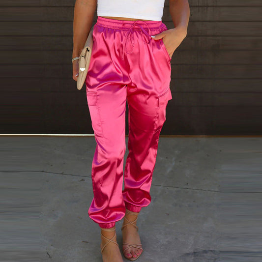 Pantalones deportivos casuales de moda para mujer, de color sólido, con cintura elástica y puños