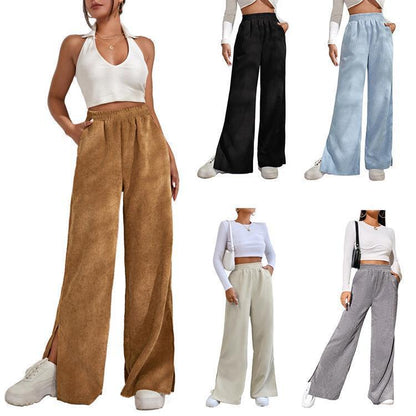 Women Fashion High Waist Casual Solid Color Corduroy Stitching Slit Pants