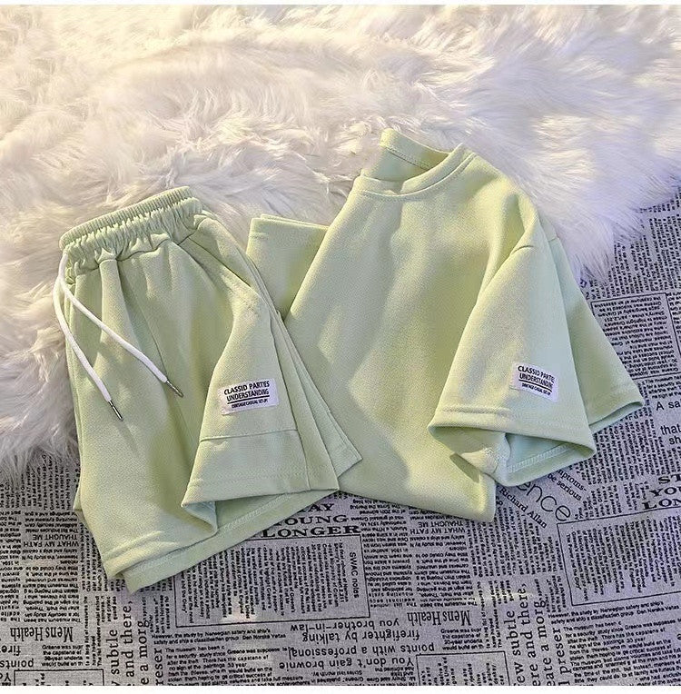 Women Fashion Casual Solid Color Round Neck Short Sleeve Top Shorts Sports Set