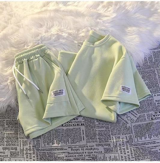 Women Fashion Casual Solid Color Round Neck Short Sleeve Top Shorts Sports Set