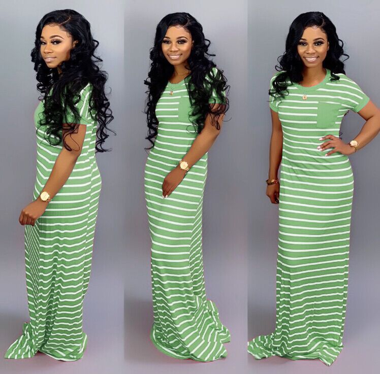 Women Casual Basic Stripe Color Blocking Short-sleeved Maxi Dress