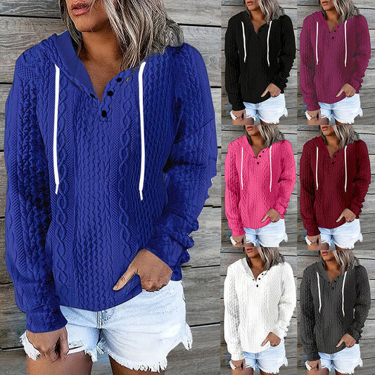 Sudadera de punto jacquard de manga larga con cordón y cuello en V informal a la moda para mujer