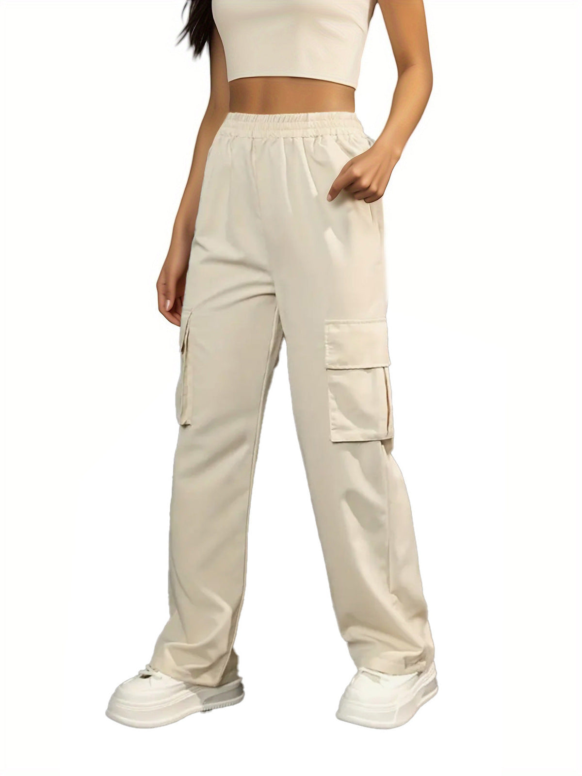 Women Casual Solid Color High Waist Pocket Pants
