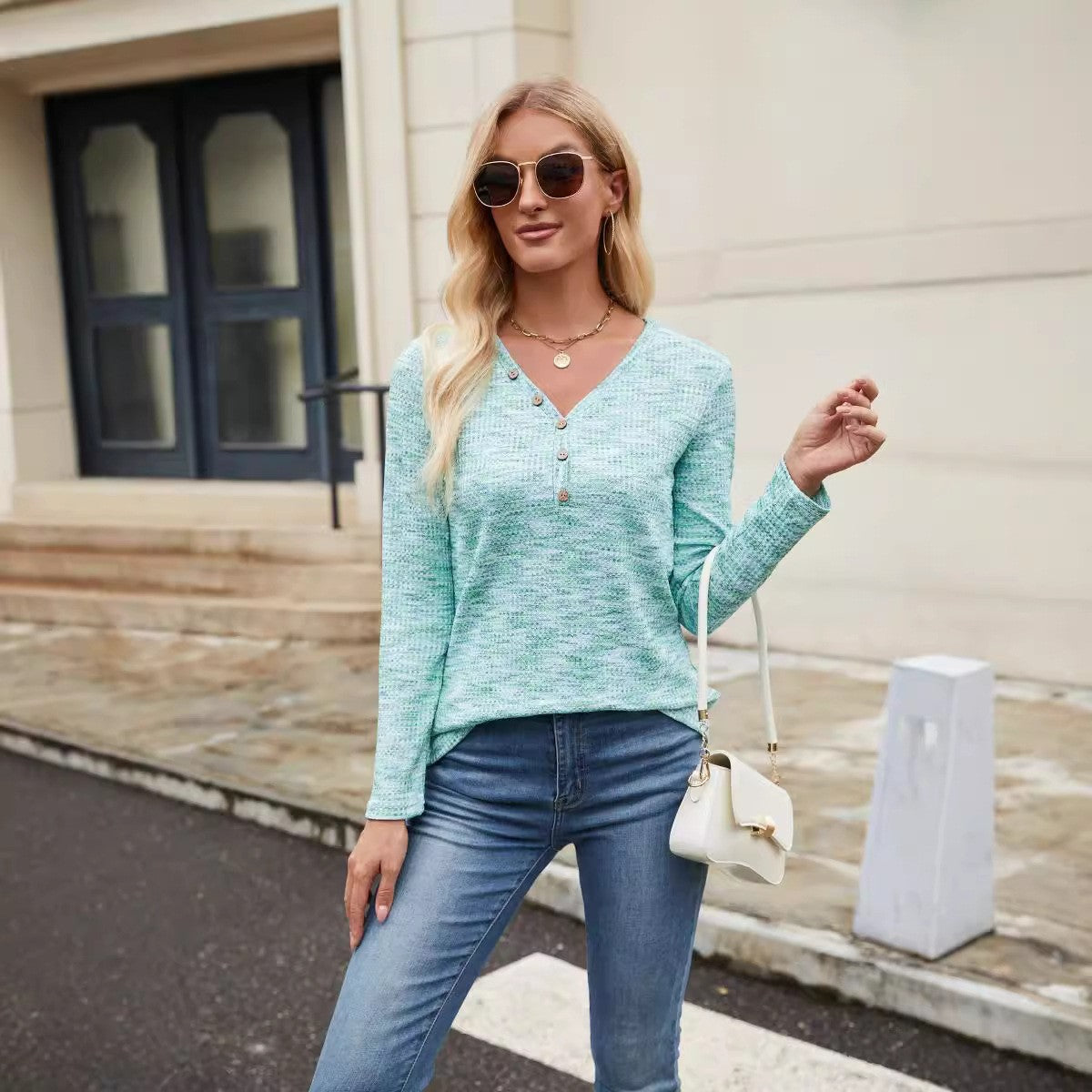 Women Casual Loose V-Neck Long Sleeve Top