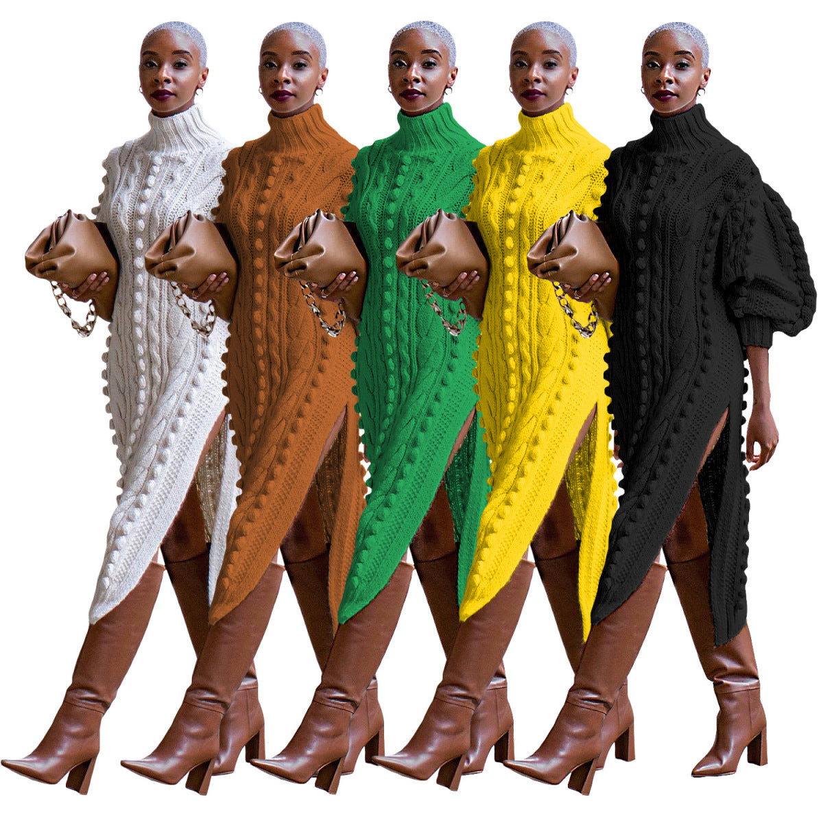 Vestido de punto dividido de manga larga con cuello alto y color liso informal a la moda para mujer Otoño Invierno