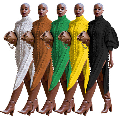 Vestido de punto dividido de manga larga con cuello alto y color liso informal a la moda para mujer Otoño Invierno