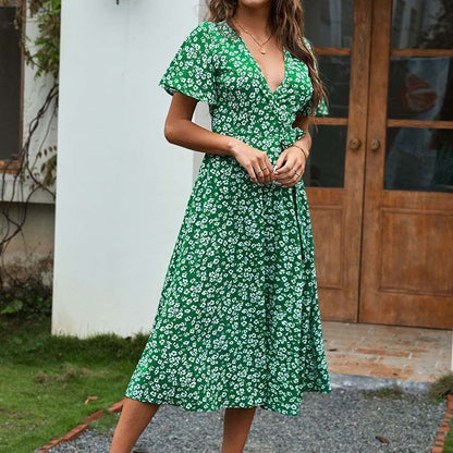 Women Casual Summer Vacation Floral Print Short Sleeve V Neck Dress