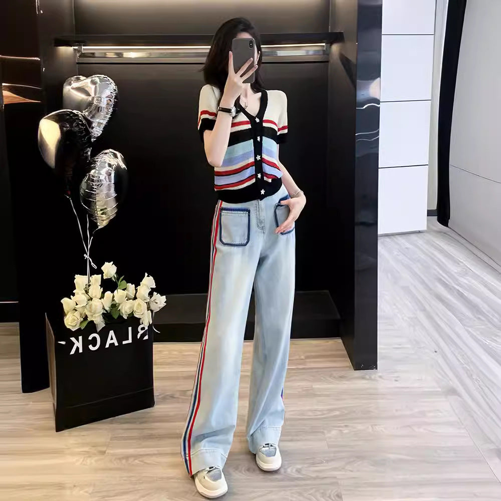 Conjunto de dos piezas de jeans rectos holgados con parte superior de punto de color contrastante informal para mujer