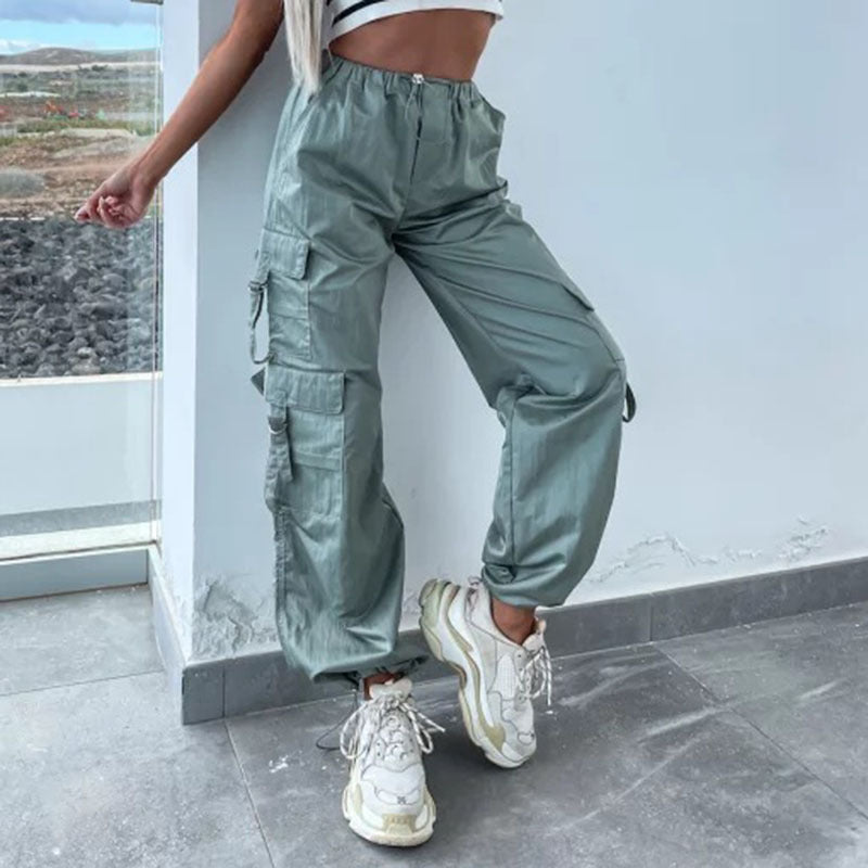 Summer Women Casual Multi-Pocket Solid Color Middle-Waisted Straight Jogger Pants