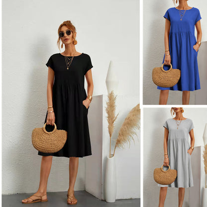 Fashion Summer Women'S Round Neck Solid Color Casual Short Sleeve Dress