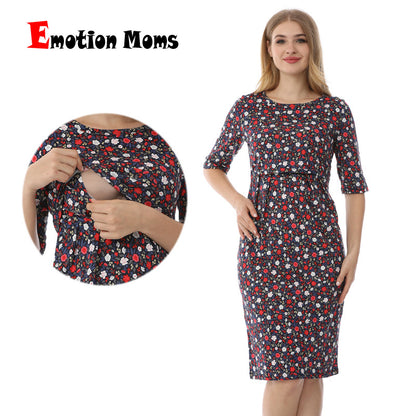 Vestido de lactancia de verano para embarazadas, informal, con estampado de flores pequeñas, cuello redondo y manga corta