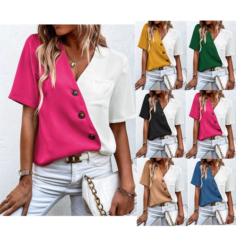 Blusa informal de verano de gasa con cuello en V y manga corta con bloques de color para mujer