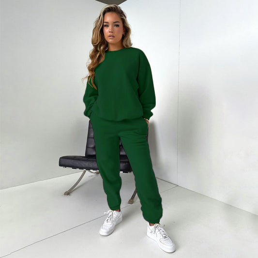 Conjunto informal de dos piezas con top y pantalón holgado de manga larga y cuello redondo de color liso para mujer