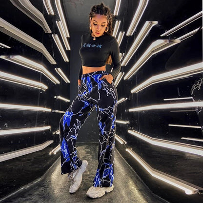 Women Fashion Casual Lightning Priningt Loose Straight-Leg Pants