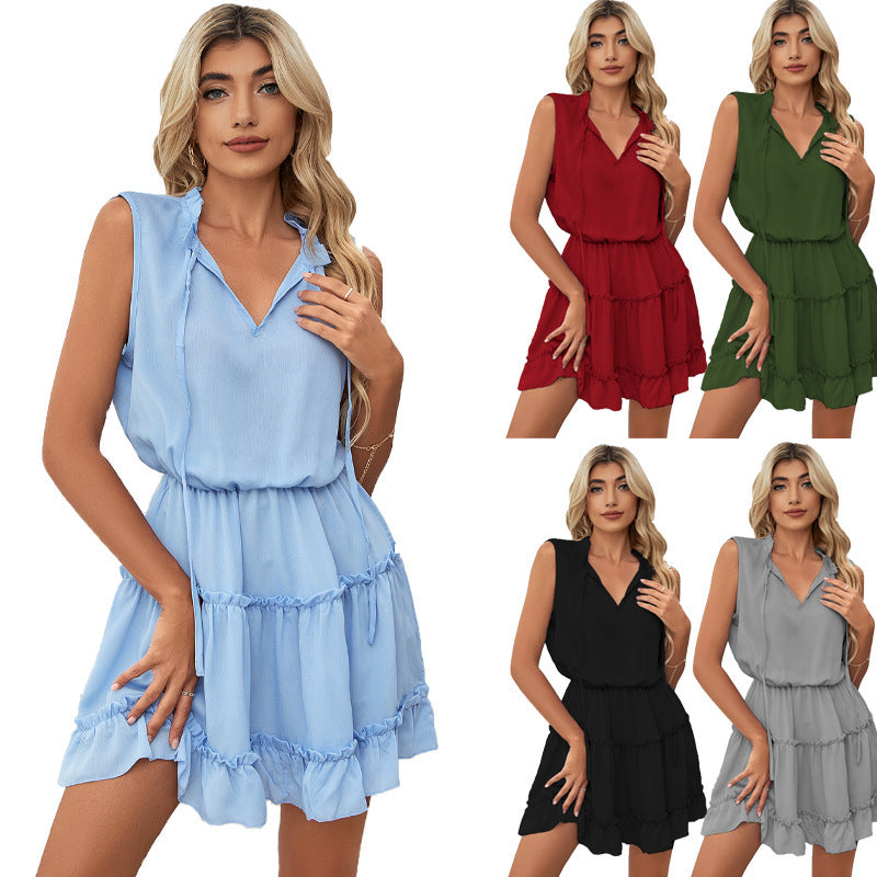 Women Solid Chiffon V-Neck Ruffled Defined Waist Sleeveless Vacation Casual Dress