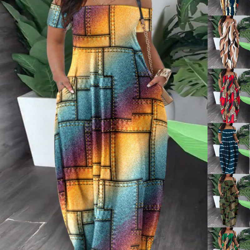 Women Casual Fashion Short Sleeve Off-Shoulder Graphic Printed Maxi Dress