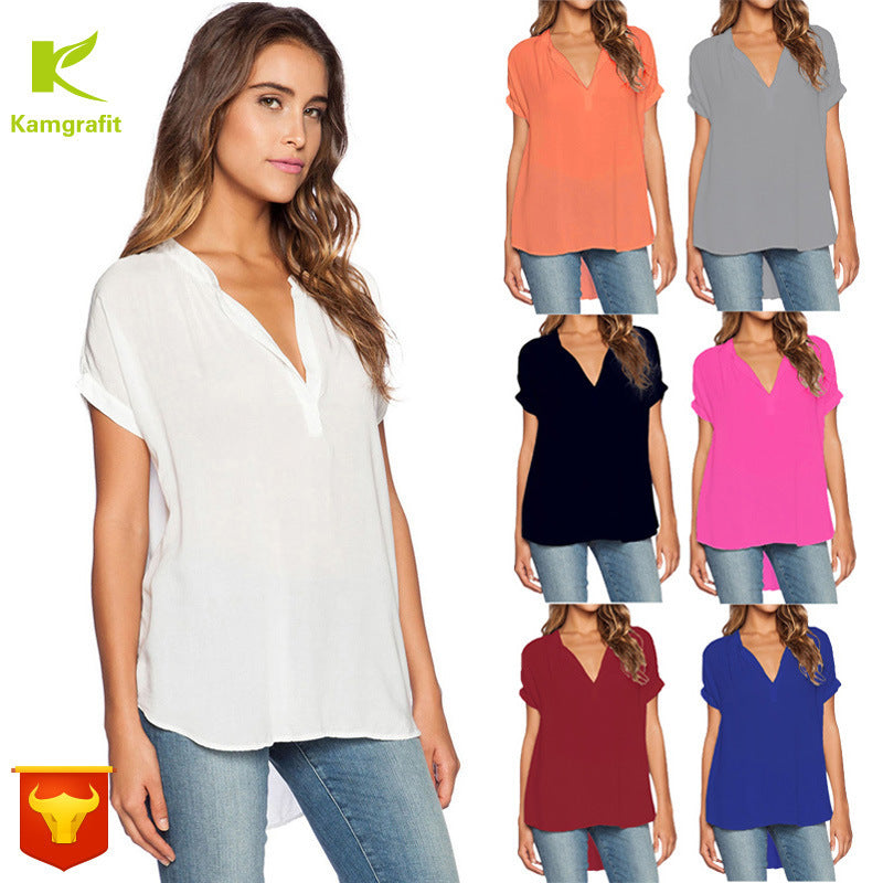 Blusa holgada informal de manga corta con cuello en V liso para mujer, estilo chic de oficina