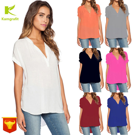 Blusa holgada informal de manga corta con cuello en V liso para mujer, estilo chic de oficina