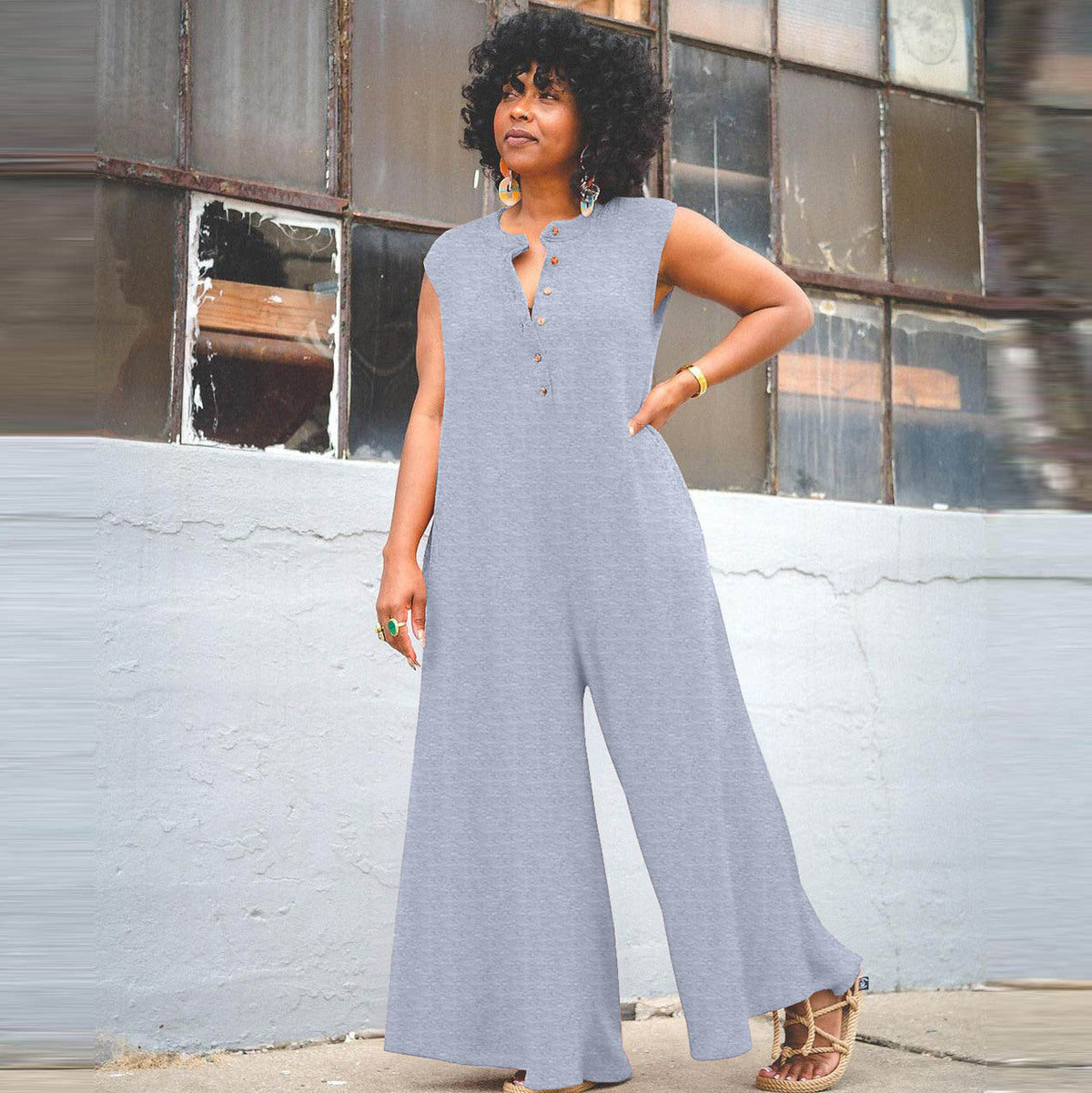Women Fashion Casual Plus Size Solid Color Sleeveless Loose Jumpsuits