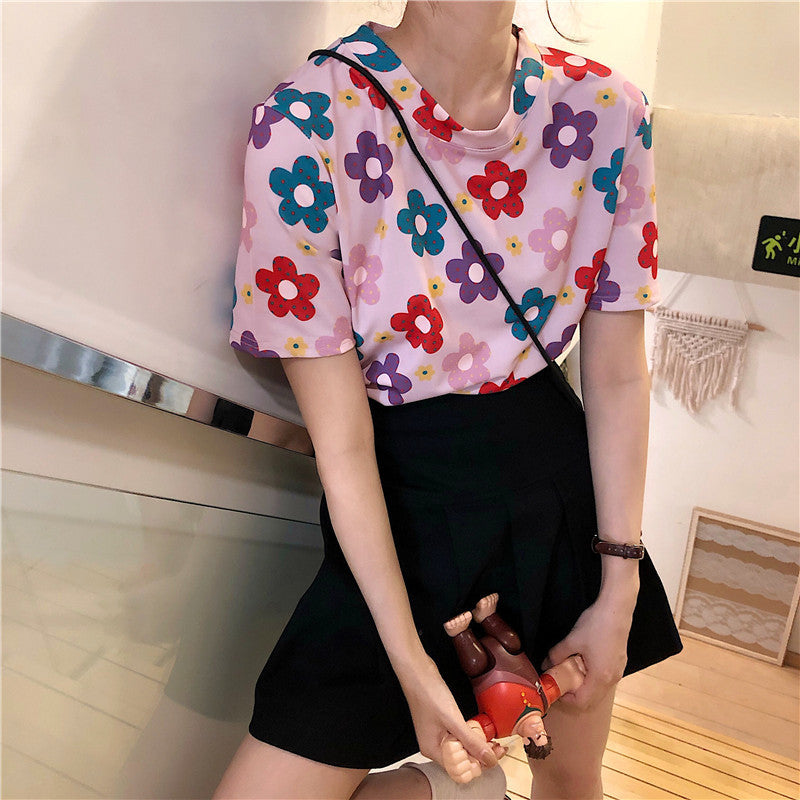 Camiseta informal de manga corta con estampado floral dulce para mujer