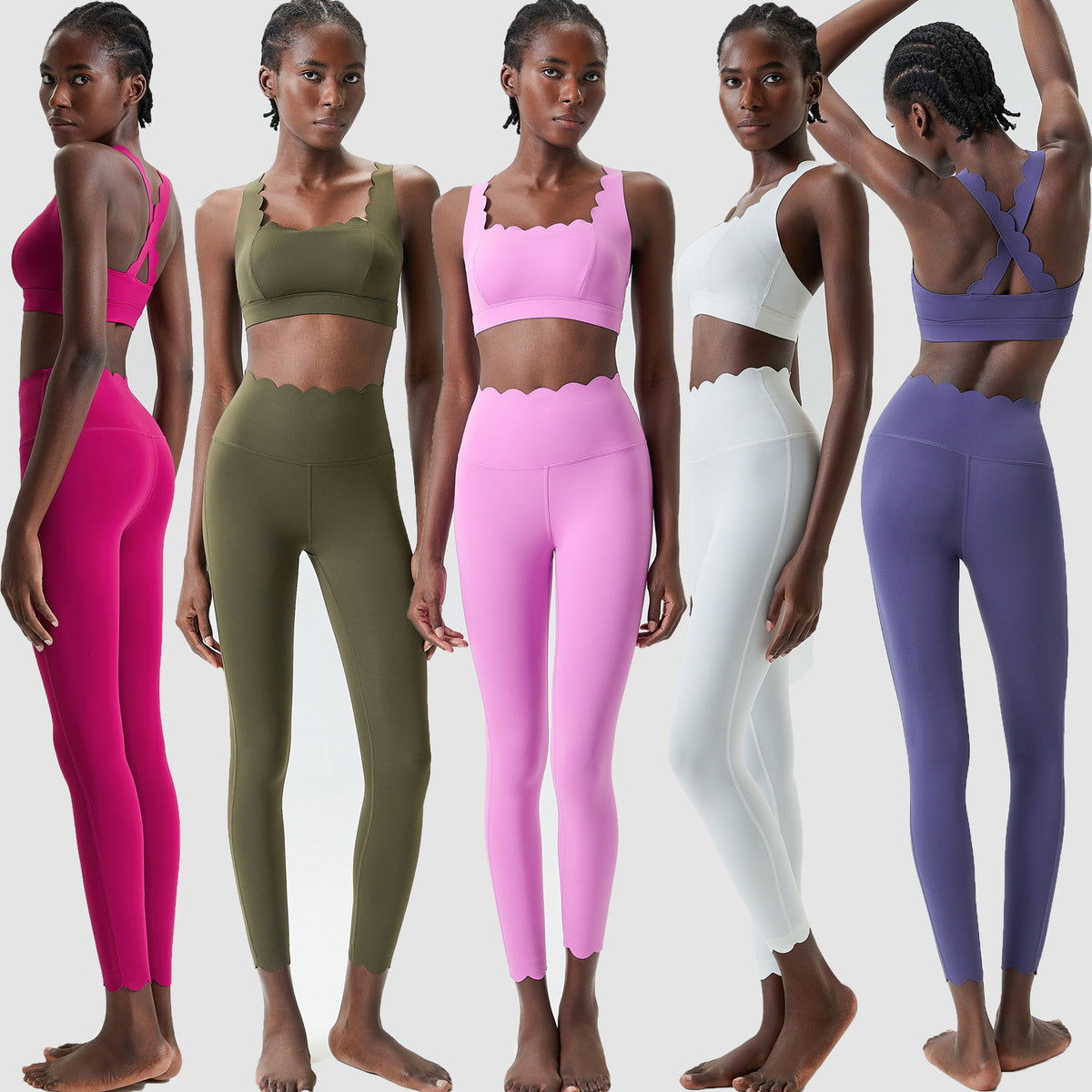 Women Casual Solid Color Liquid Glue Small Wave Sports Yoga Top Pants Two-Piece Set