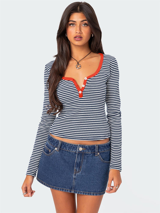 Camiseta informal de manga larga a rayas con cuello en V para mujer